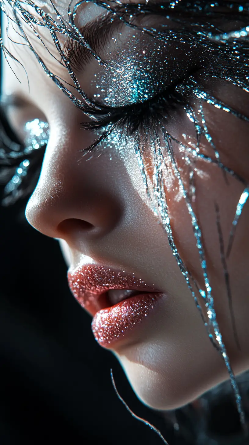 Gros plan surréaliste d’une femme aux yeux de diamant et aux cheveux pailletés