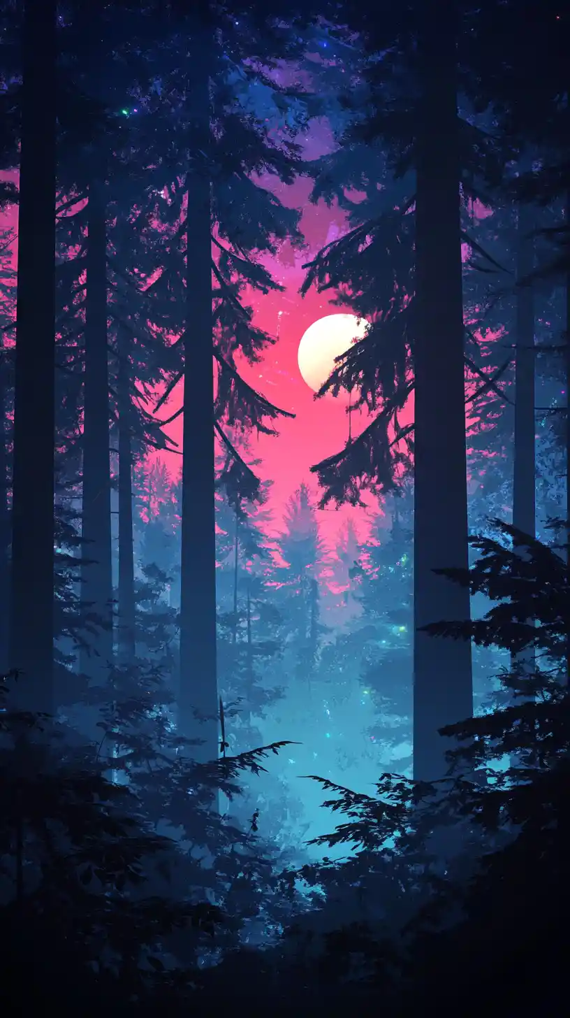 Floresta sombria com glitch, luz neon e árvores imponentes
