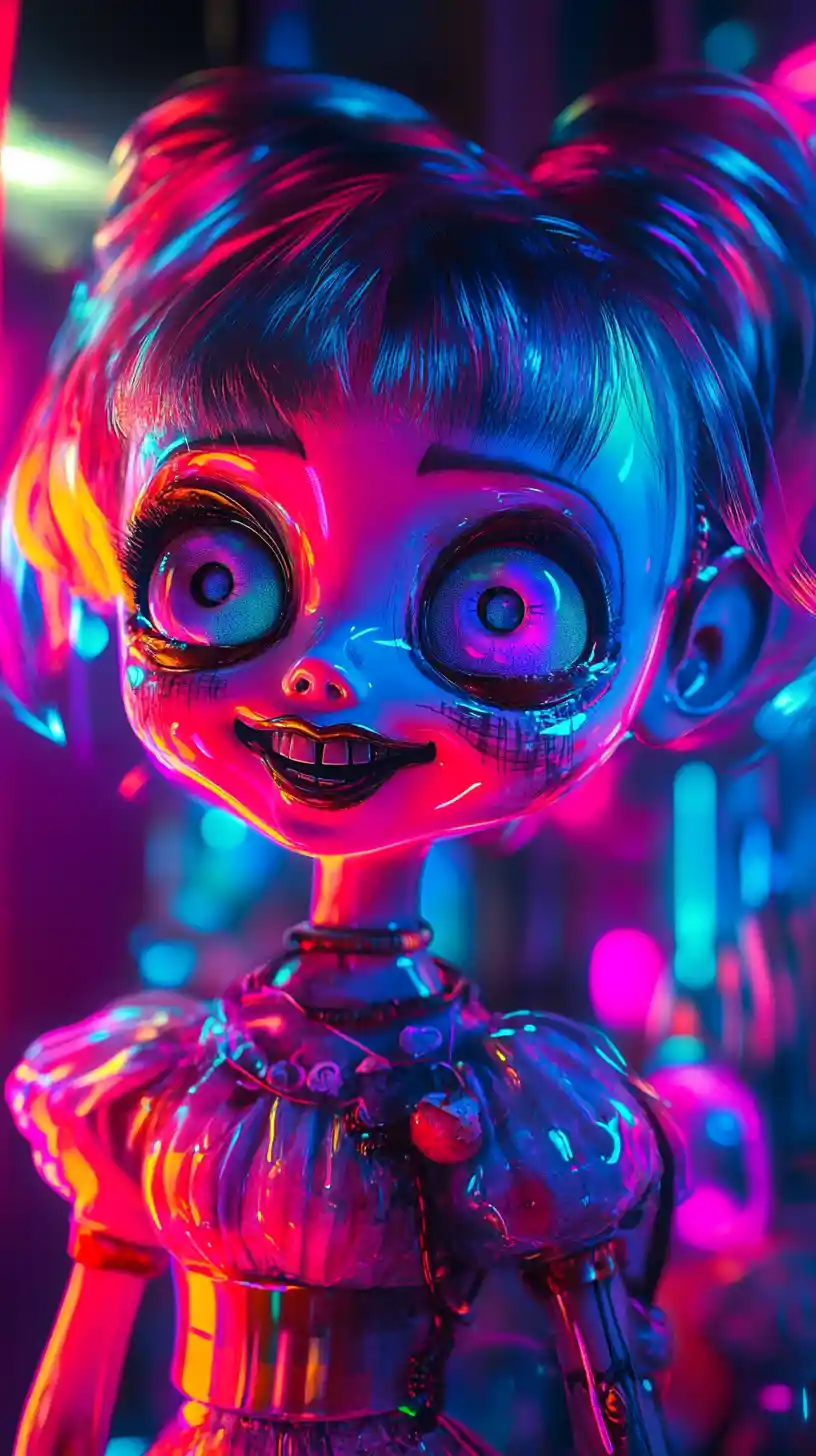 Distorted vintage doll glowing in eerie neon colors