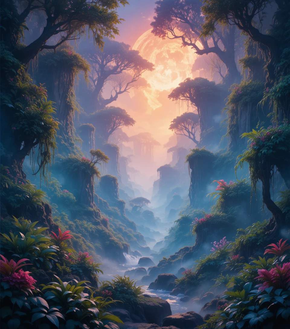 Colorful misty jungle landscape with inviting warm light