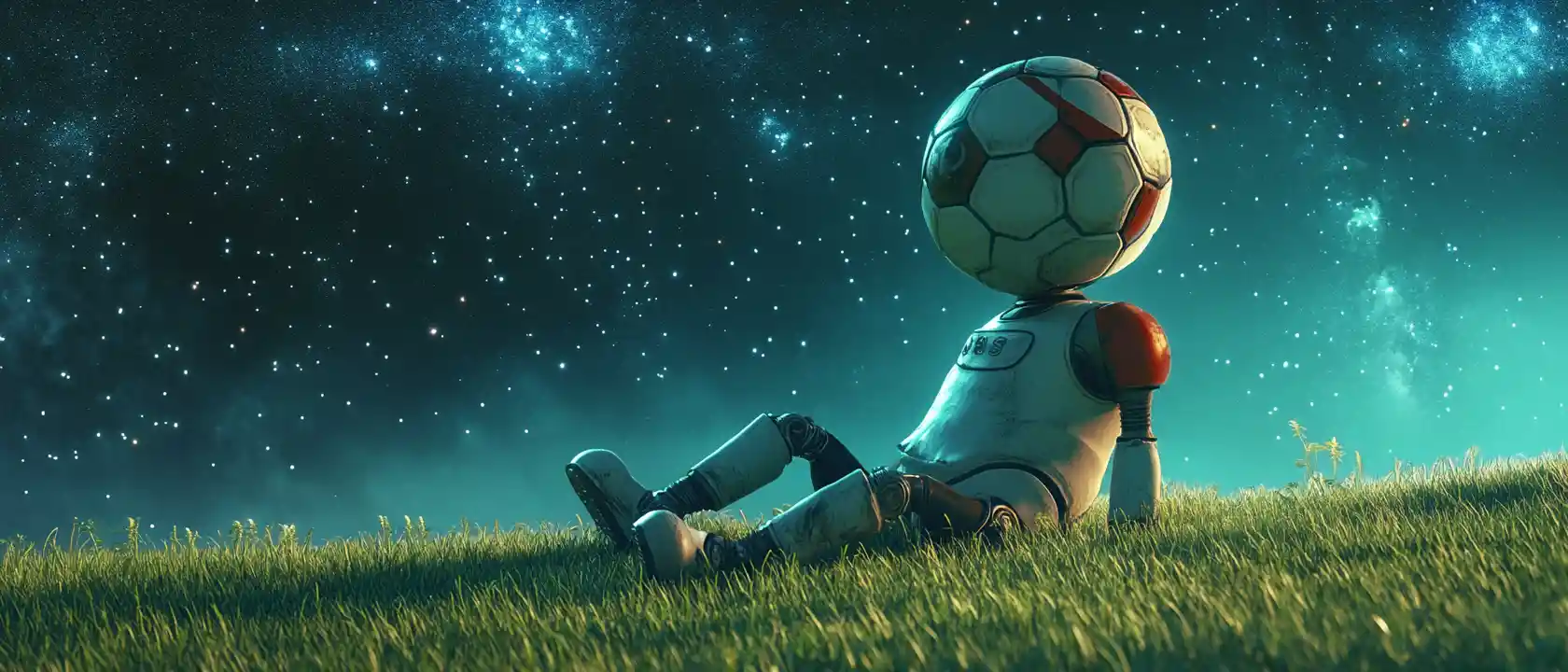 満天の星空の下にいるサッカーボールの頭をしたロボット