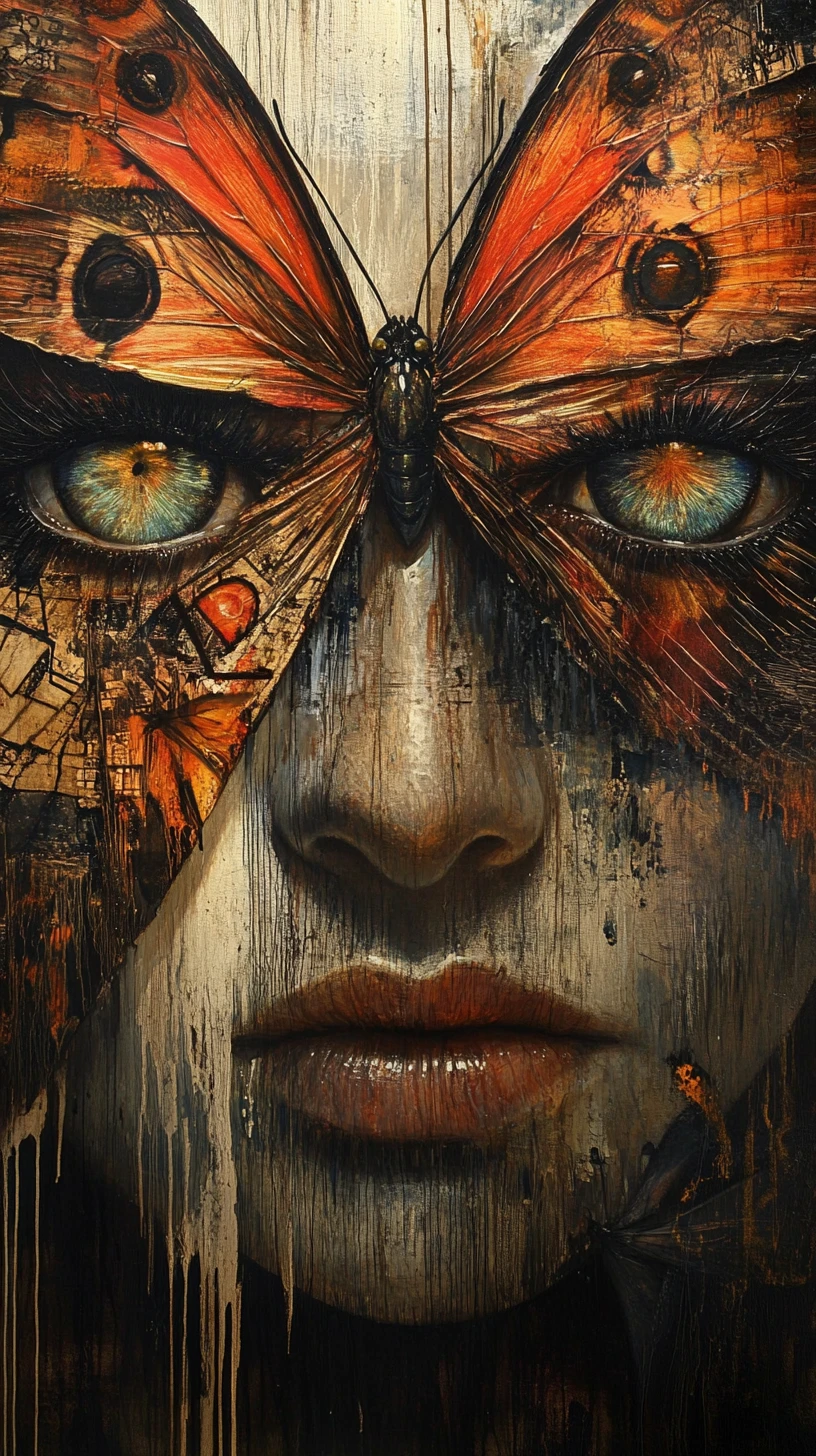 Mariposa abstracta de técnica mixta con grandes ojos reflectantes