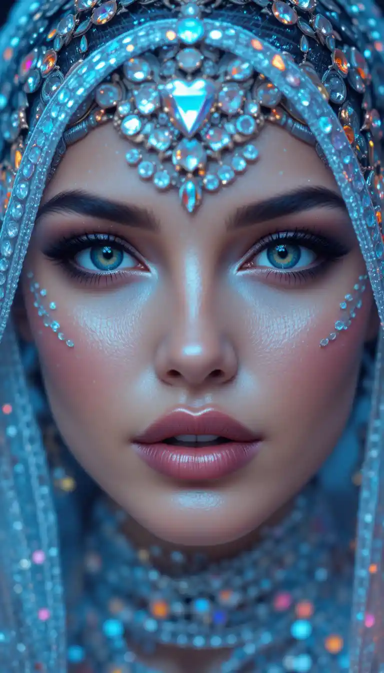 Glamorous Woman In Diamond Veil With Iridescent Lighting