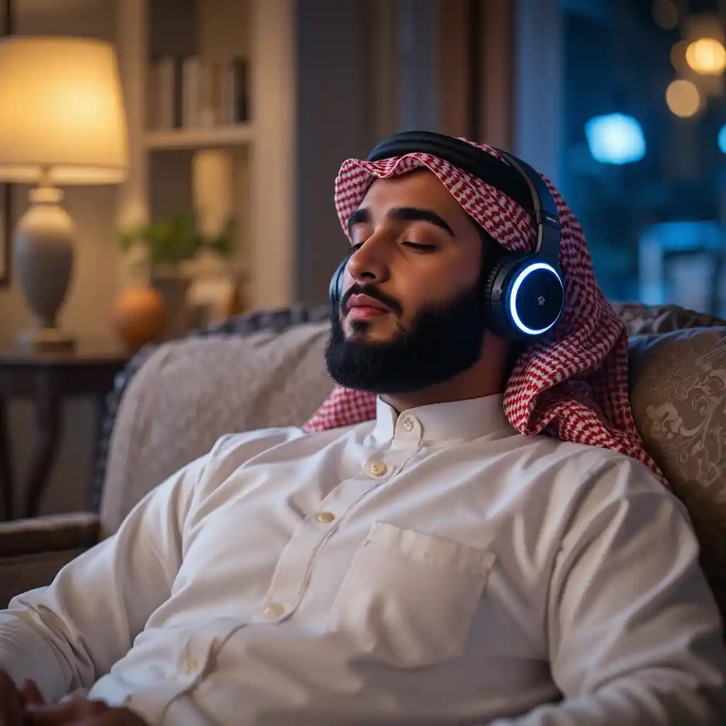 Uomo mediorientale che si rilassa con le cuffie sul divano di notte