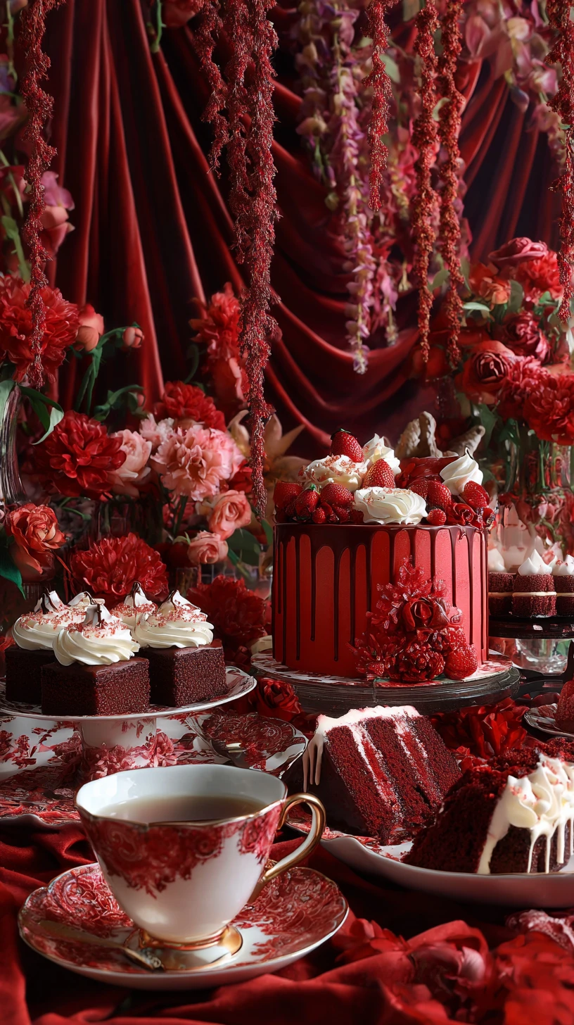 Pastel de Fresas Decadente en una Opulenta Mesa de Postres