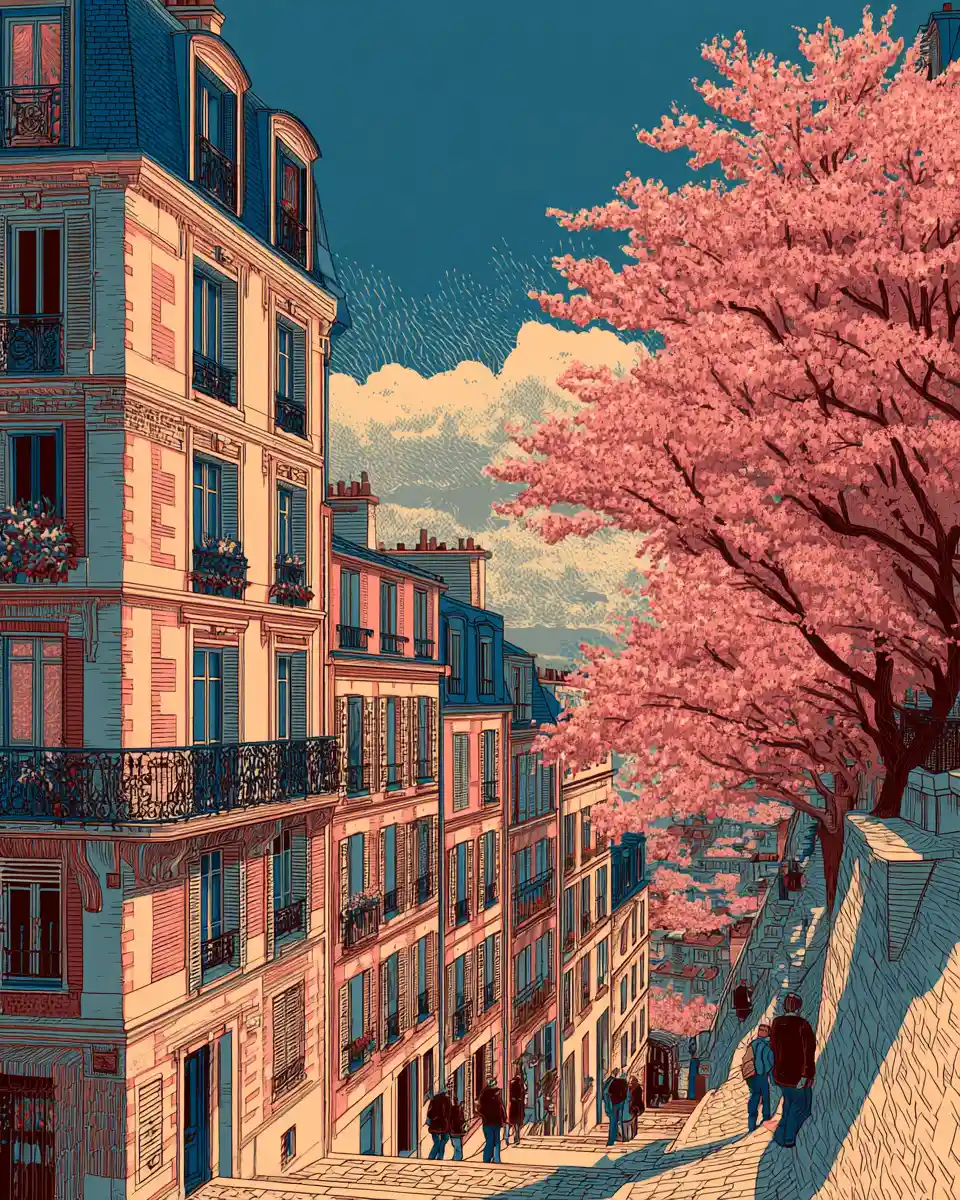 Spring parisian street in montmartre with japanese style