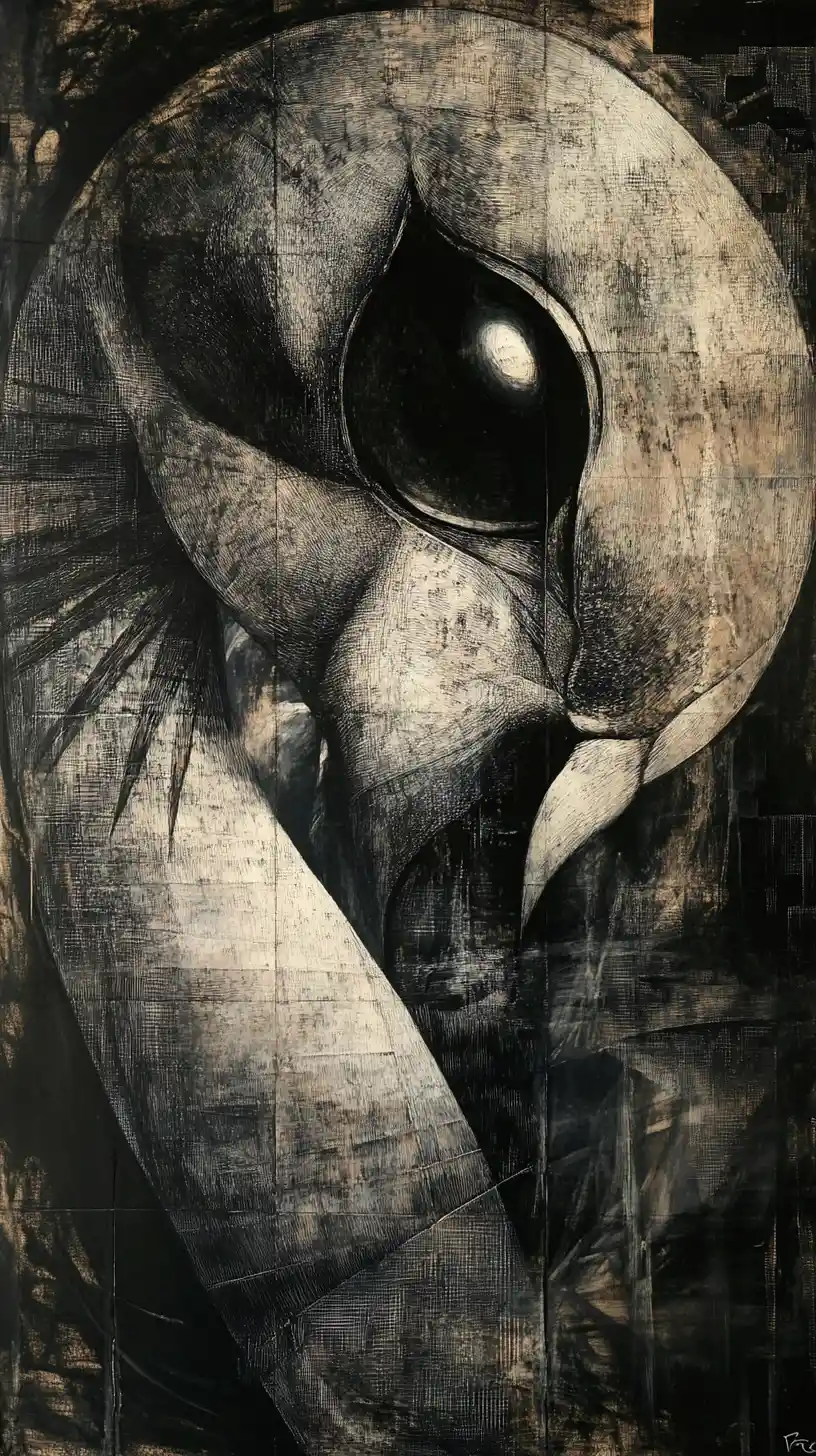 Fenicottero surreale in mixed media con occhi astratti riflettenti