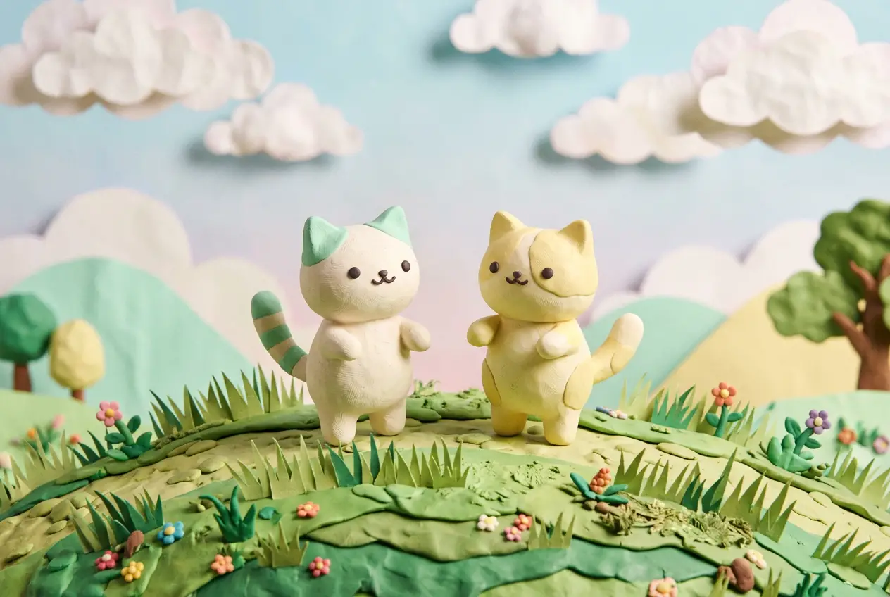Two cute claymation-style cats standing on a grassy hill in a colorful handcrafted paper world.