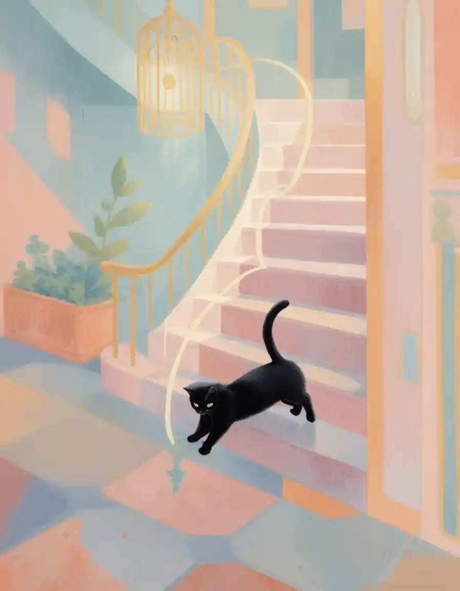 Black cat descending a glowing grand staircase