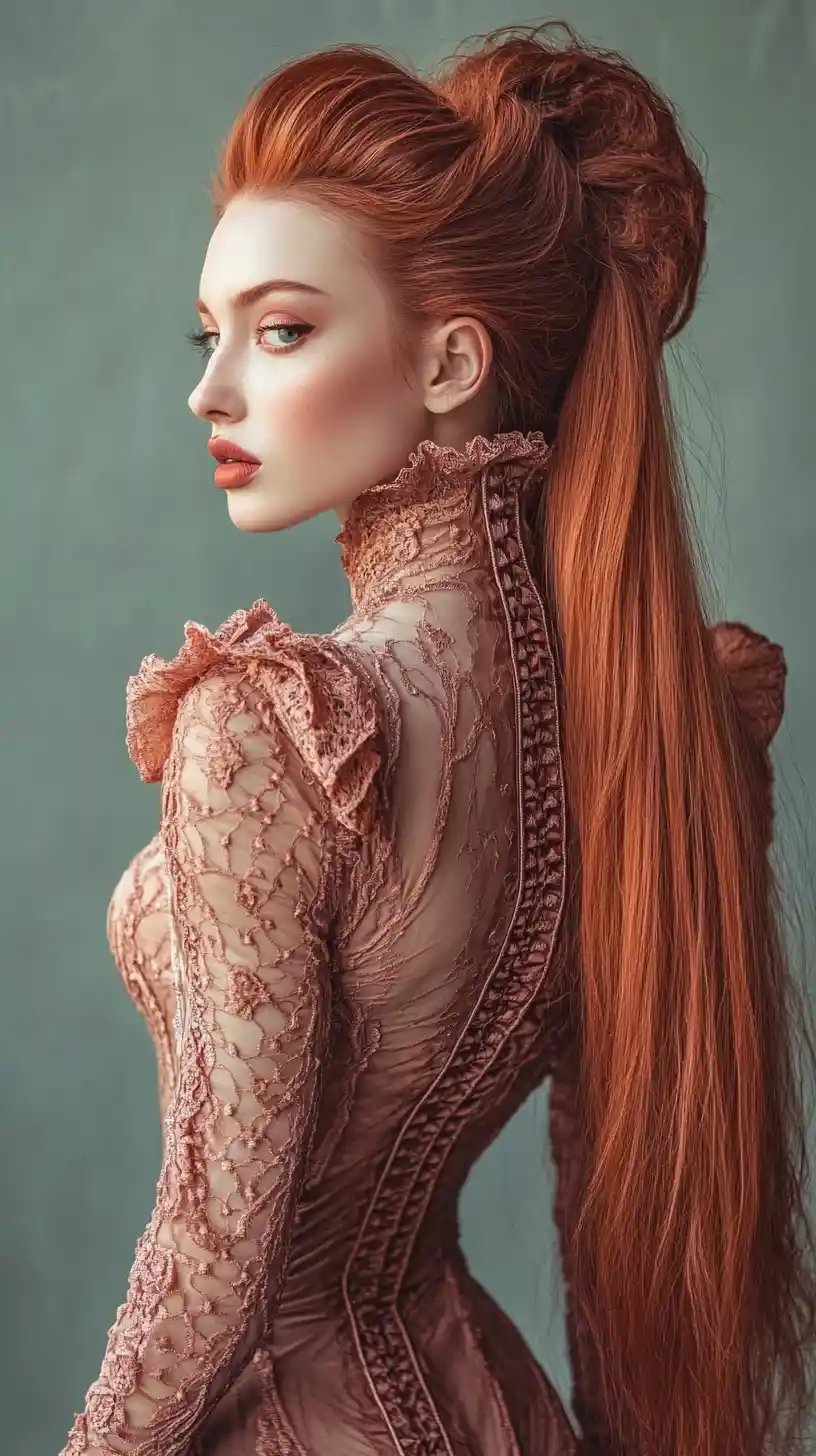 Italian woman in couture bodysuit with long crimped hair