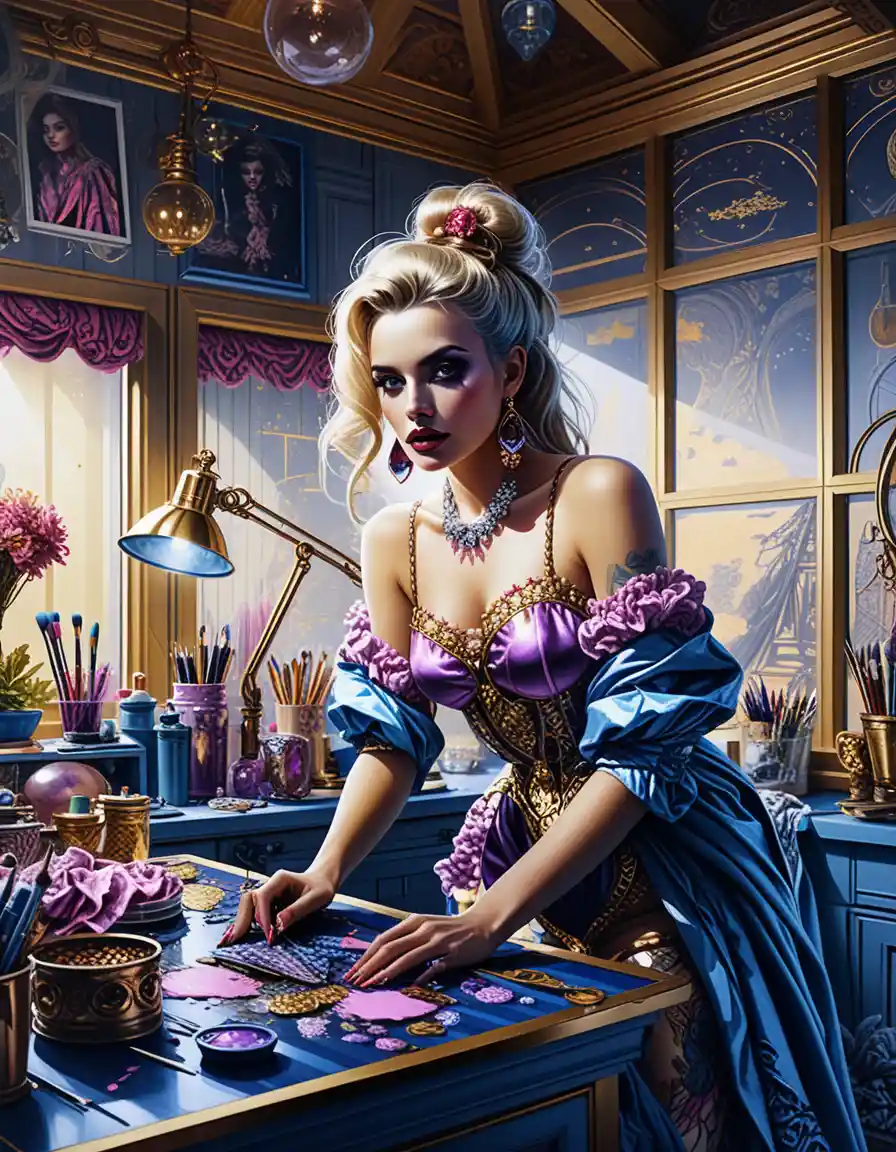 Blonde Künstlerin in einem farbenfrohen Solarium-Studio im Morgengrauen