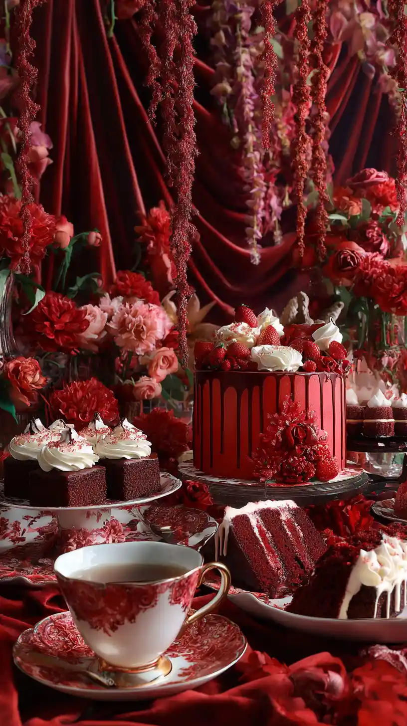 Pastel de Fresas Decadente en una Opulenta Mesa de Postres