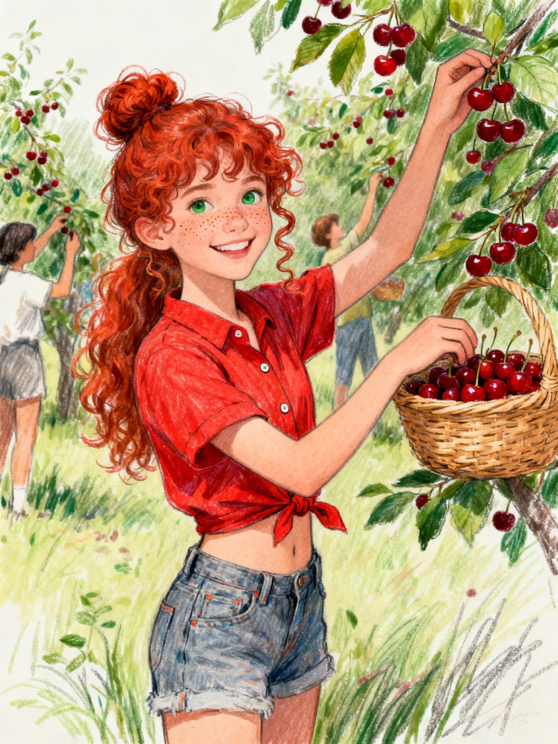 Lockige Mädchen pflückt Kirschen im sonnigen Obstgarten