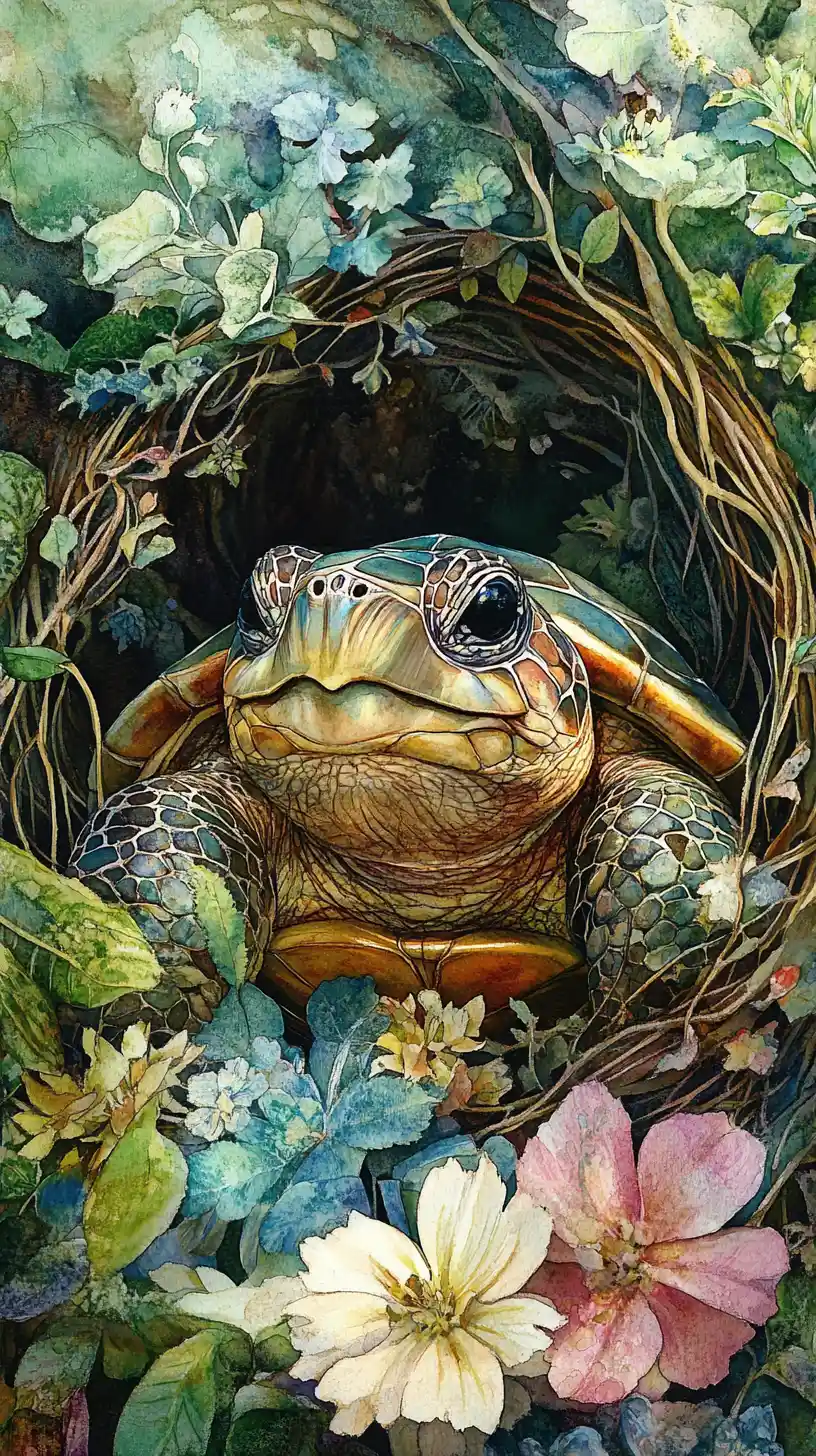 Cheerful turtle smiling in a tranquil watercolor garden