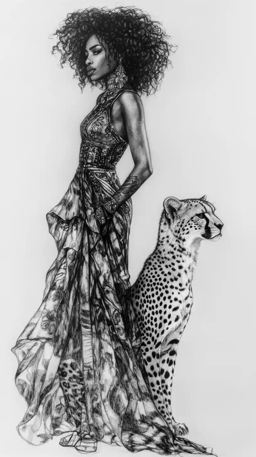 Elegant woman with afro standing beside a poised cheetah
