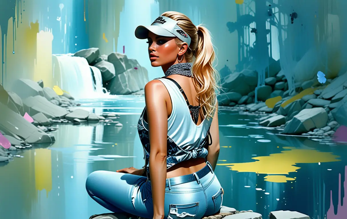 Blonde woman sketching by a quiet forest creek