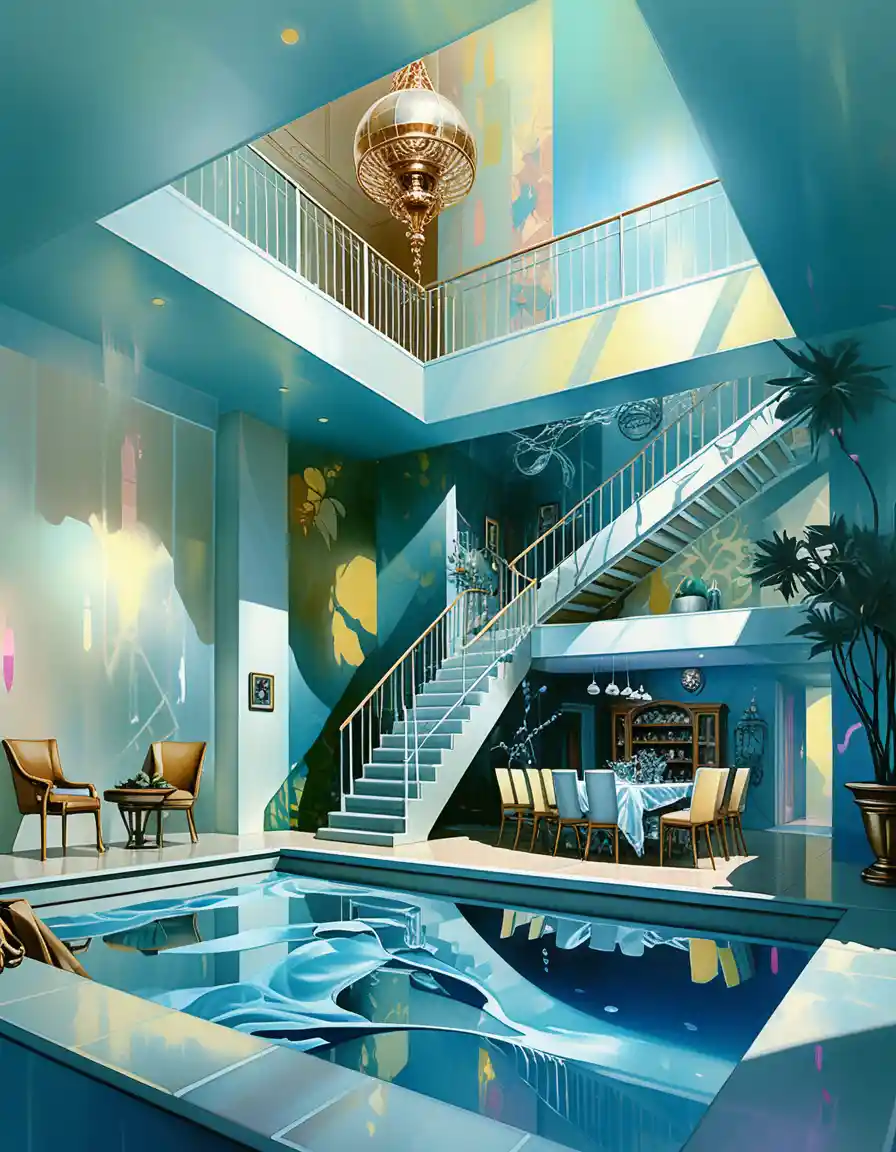 Isometric miniature dining room with loft bedroom and water feature