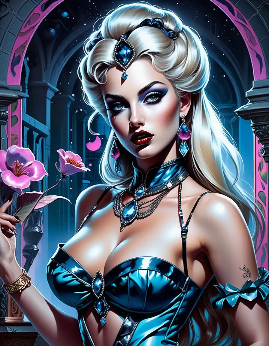 Pin-up de vampira rubia en una selva tropical oscura