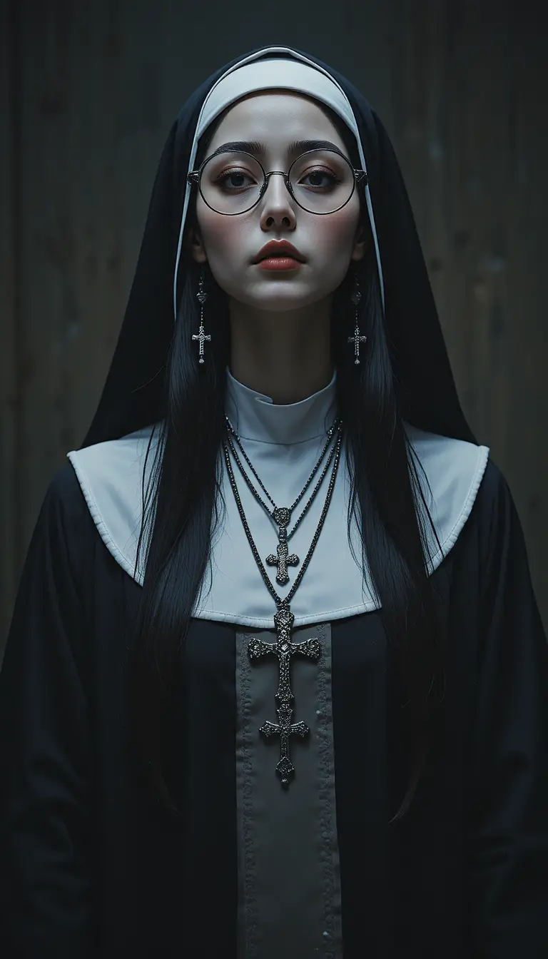 Sad nun in glasses standing in dim cinematic light