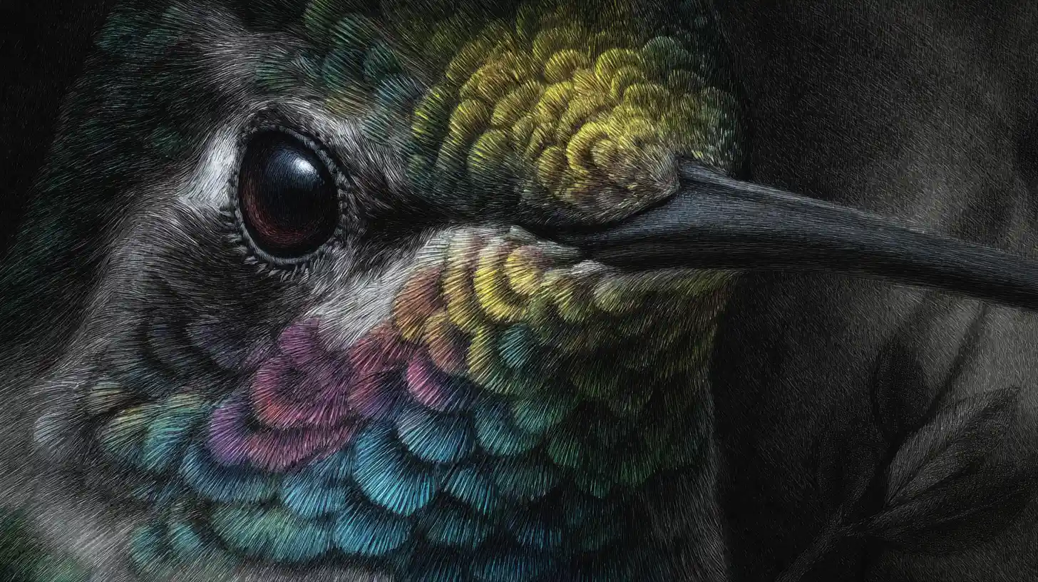 Retrato Surreal de Colibrí al Carbón con Detalles Brillantes