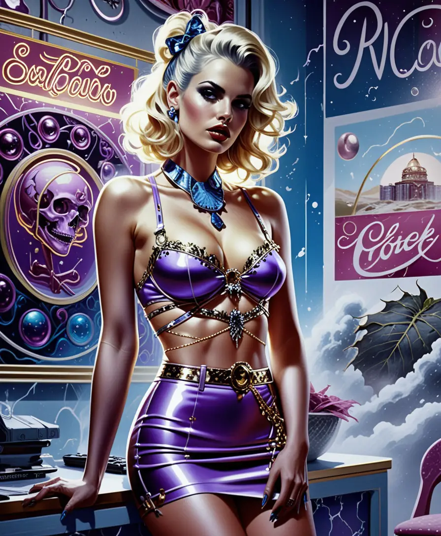 Blonde pin up woman sketching in stylish tattoo studio
