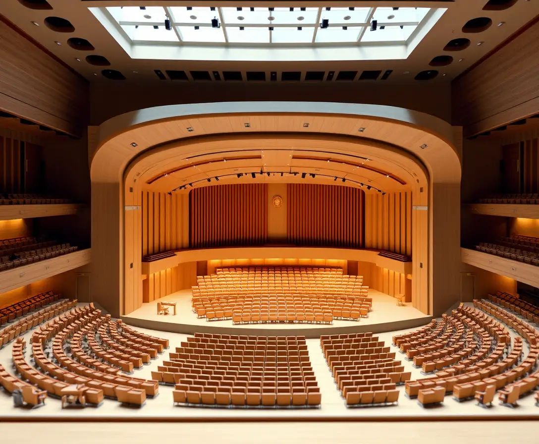 Maqueta arquitectónica de interior de sala de conciertos con asientos