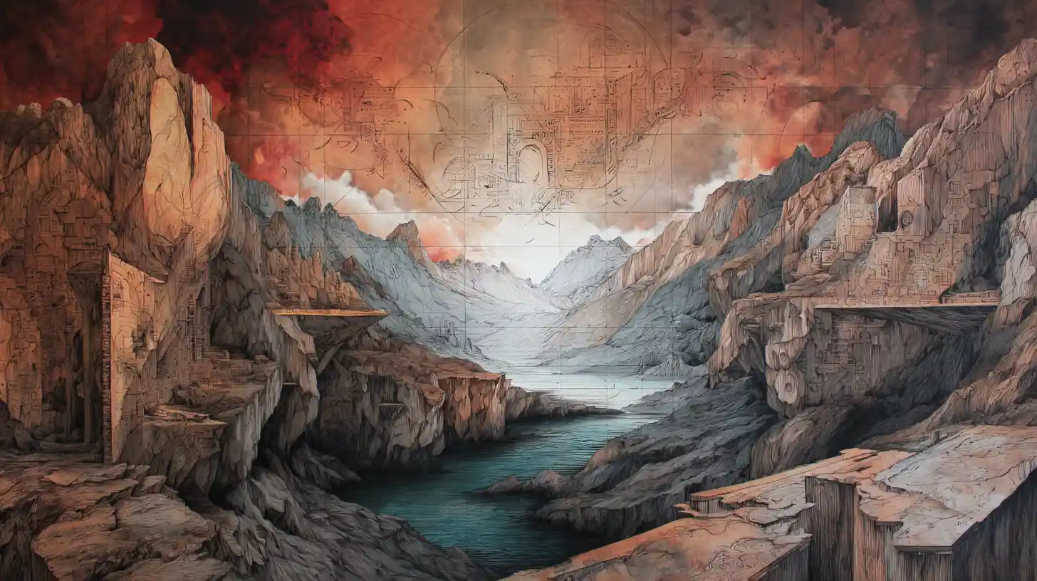 Surreal abstract landscape in vibrant mixed media vision