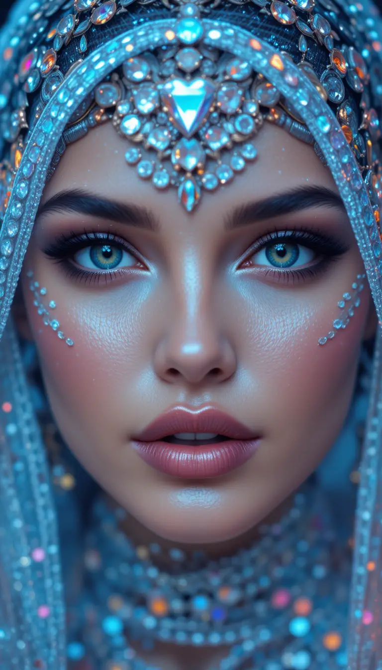 Glamorous Woman In Diamond Veil With Iridescent Lighting