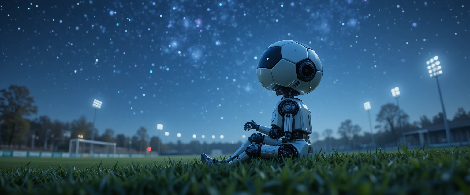 Roboter mit Fußballkopf unter einem sternenklaren Nachthimmel