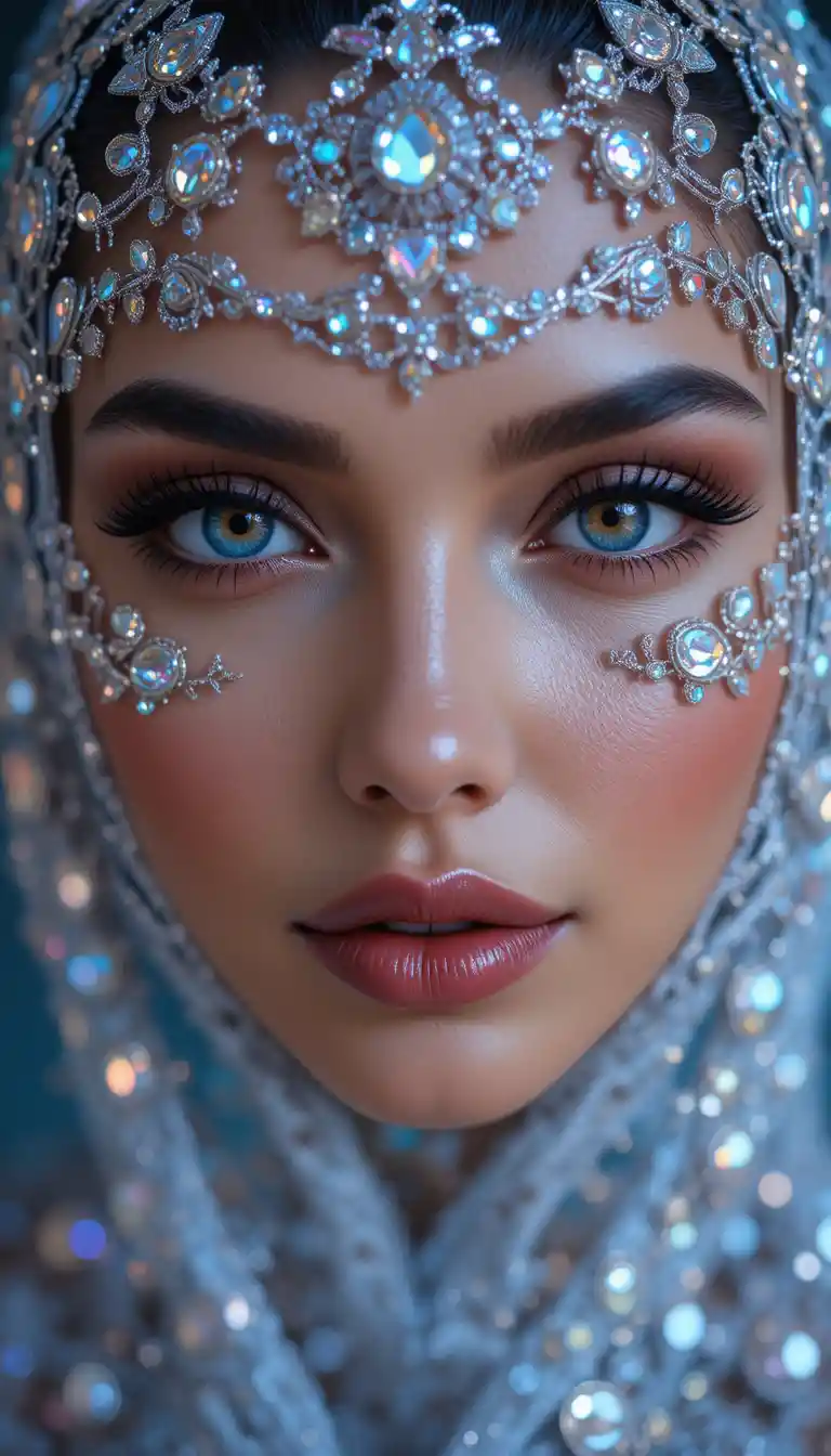 Glamorous woman in jeweled nylon headpiece with shimmering makeup