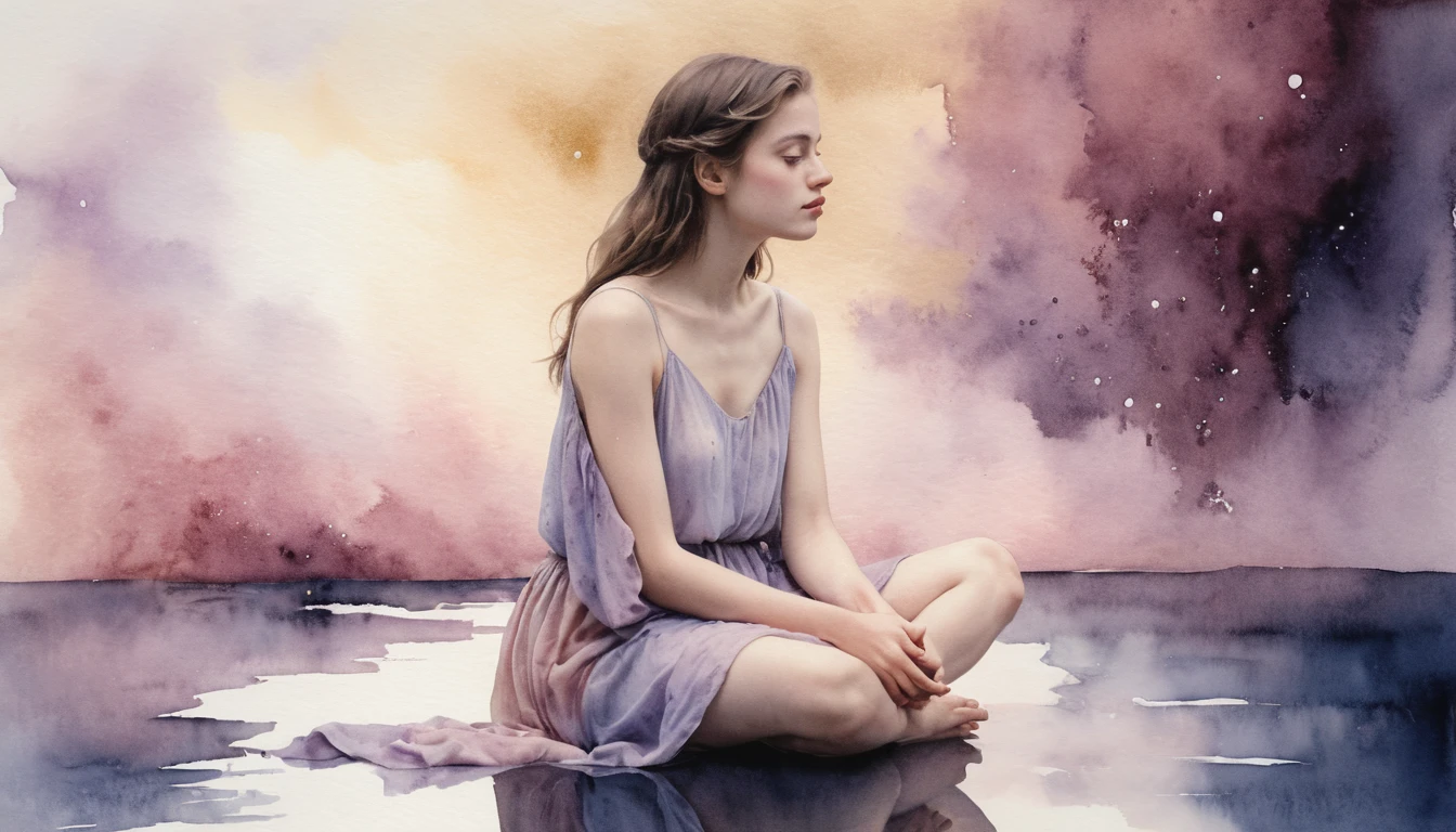 Watercolor portrait of young woman by a still night pool
