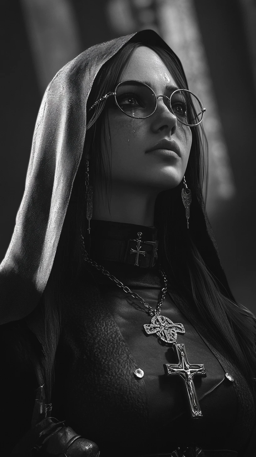 Weeping nun in armor praying with a long sword