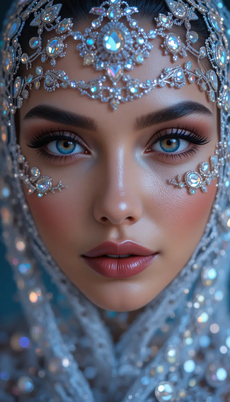 Glamorous woman in jeweled nylon headpiece with shimmering makeup