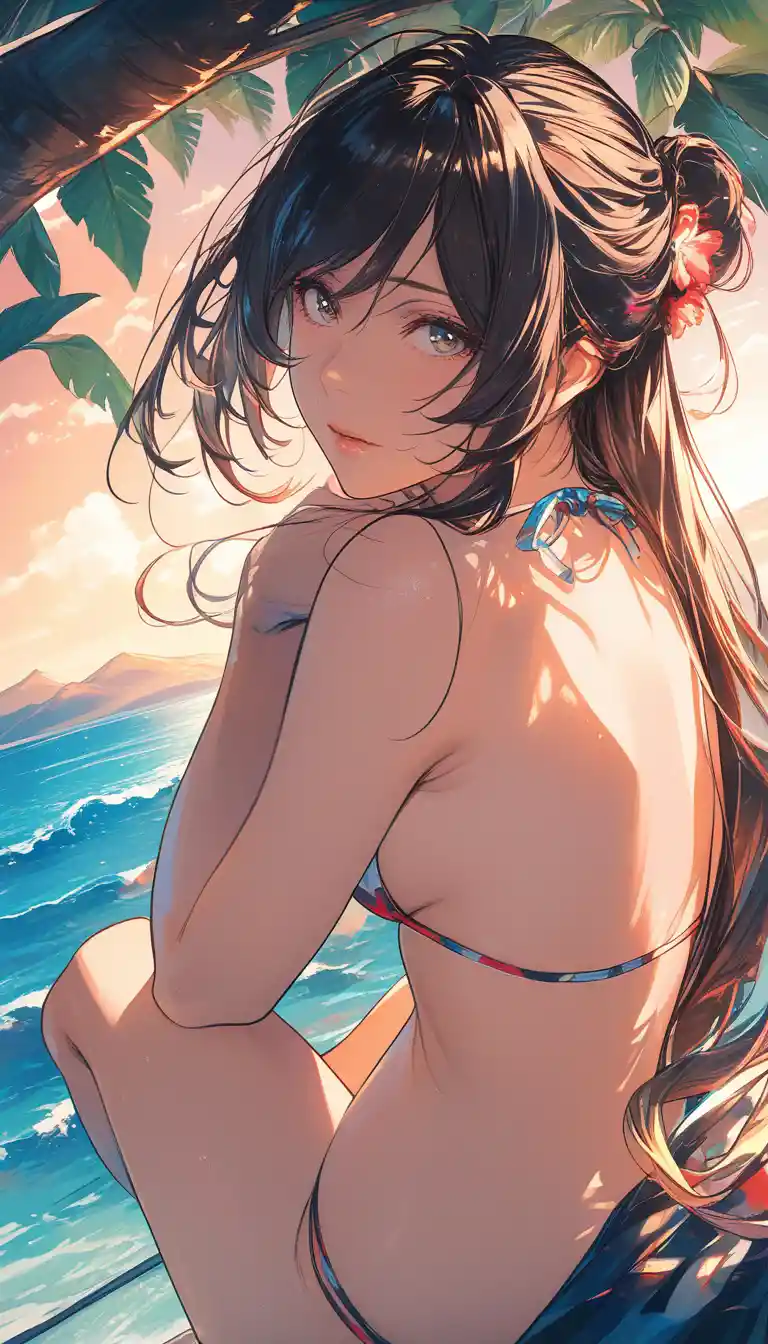 Young woman in blue bikini standing on sunny beach