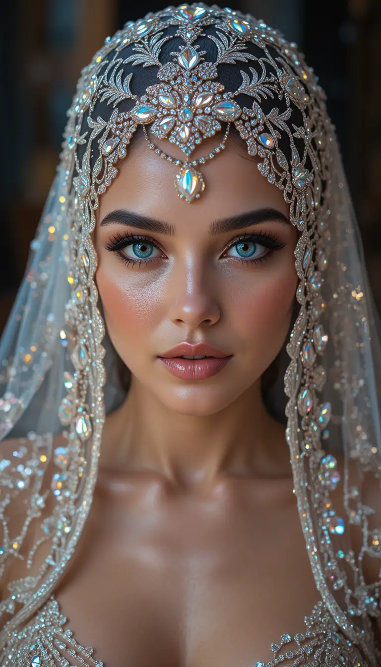 Glamorous woman in diamond veil with iridescent lighting