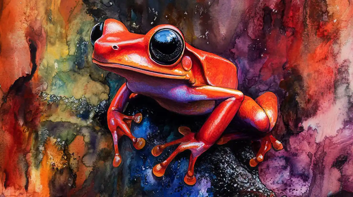 Dart frog in abstract black ink with vivid color pops
