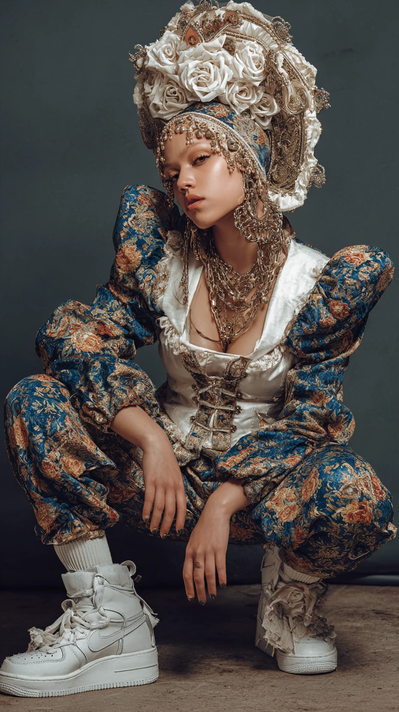 Elegant woman in rococo fashion with urban hip hop flair