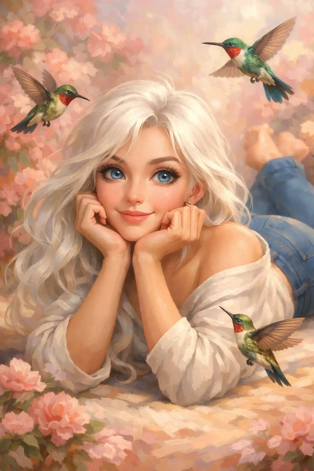 Dreamy white haired girl in a pink floral garden