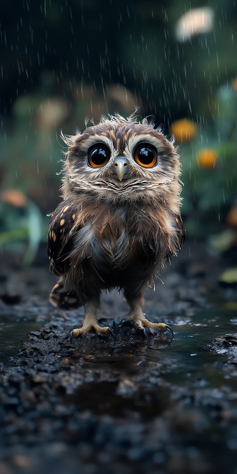 Fluffy owl in a rainy twilight puddle with glowing eyes
