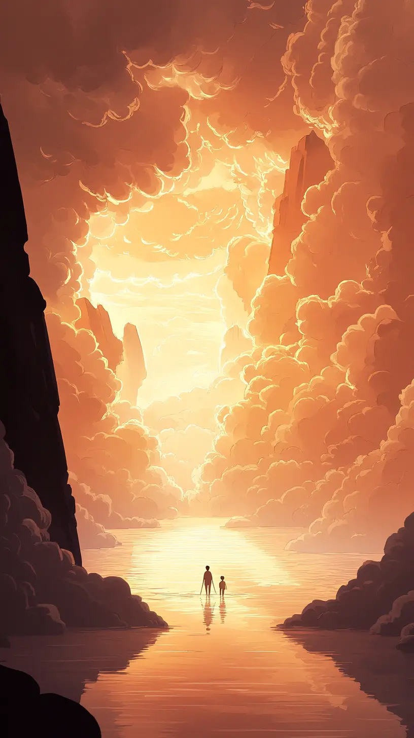 Cartoon boys exploring a surreal cathedral of clouds
