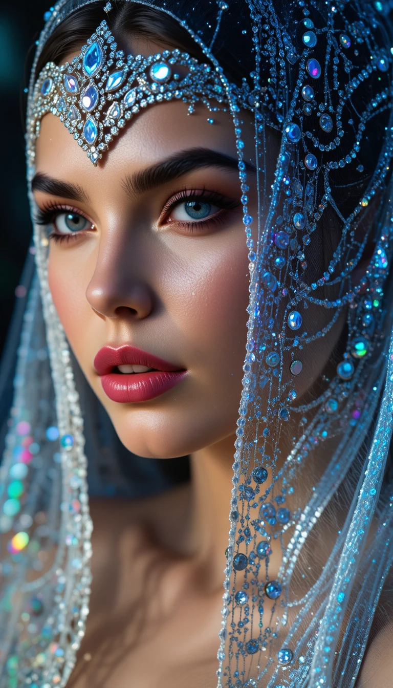 Glamorous close up portrait of a woman in diamond veil