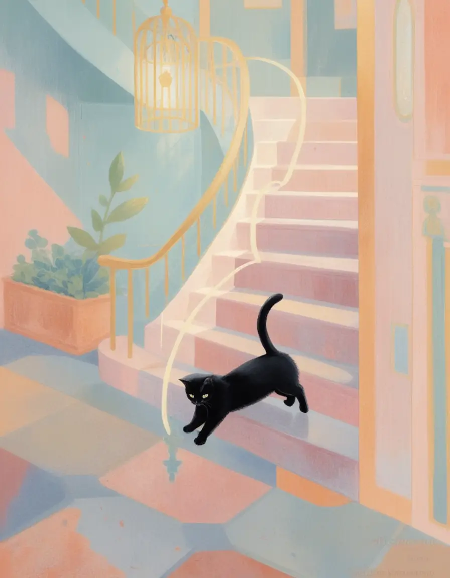 Black cat descending a glowing grand staircase