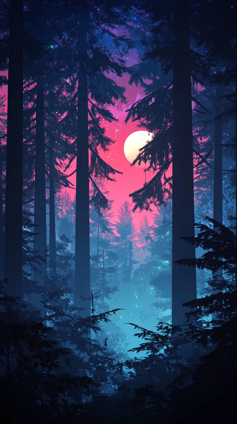 Dark glitch forest with neon light and towering trees
