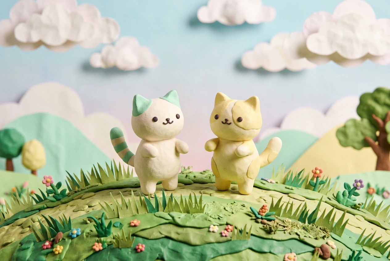 Dos gatos de arcilla en tonos pastel en una colina herbosa de ensueño