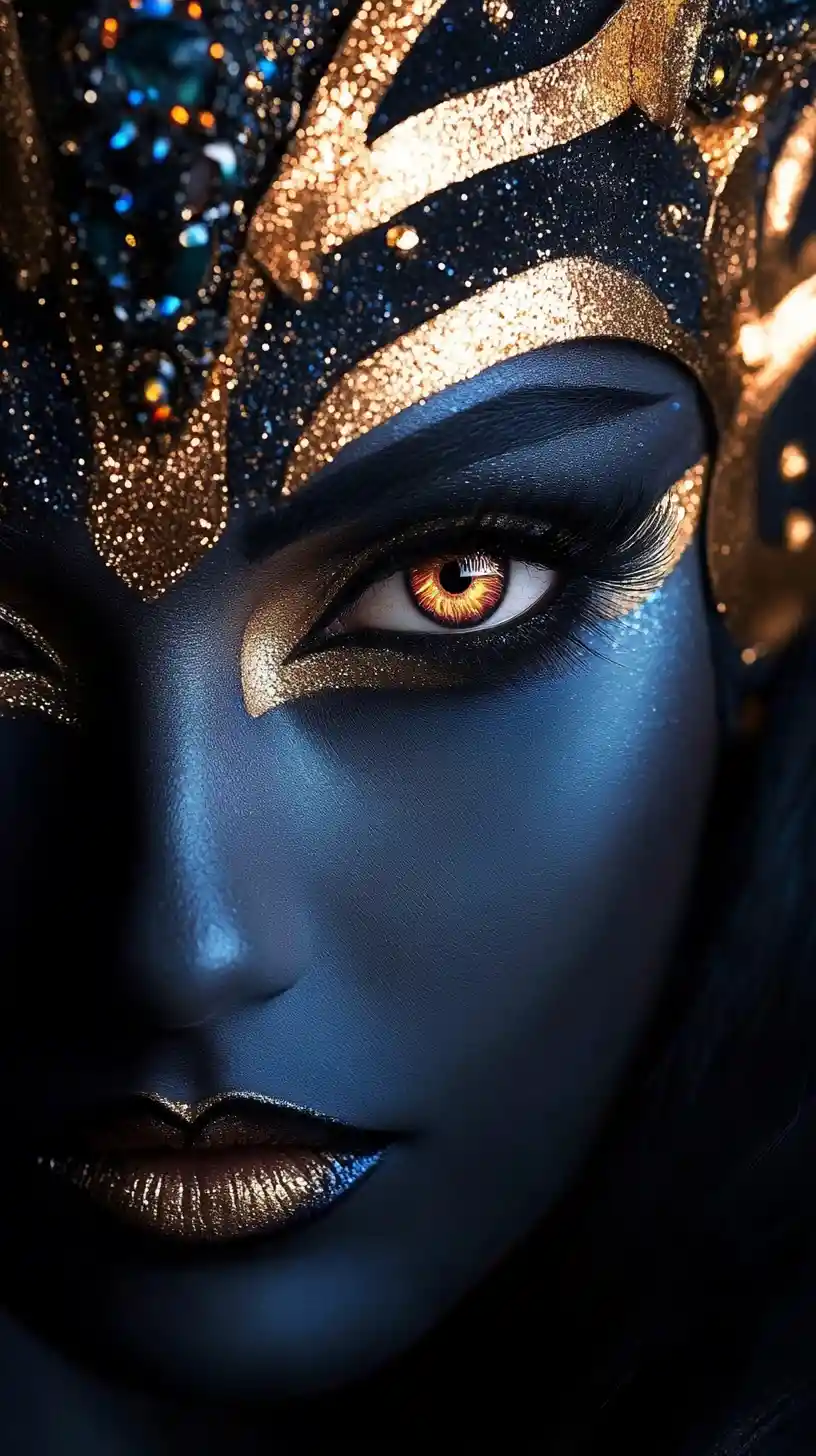 Egyptian inspired woman with ornate headdress and bold eye makeup