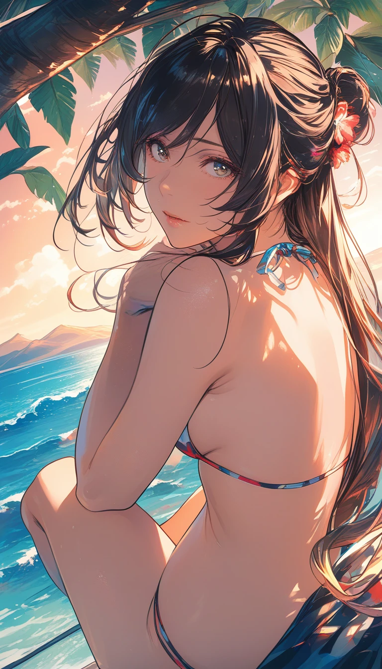 Young woman in blue bikini standing on sunny beach
