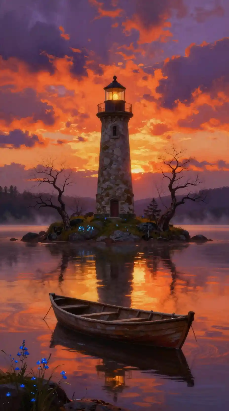 Misterioso faro sul lago al tramonto infuocato