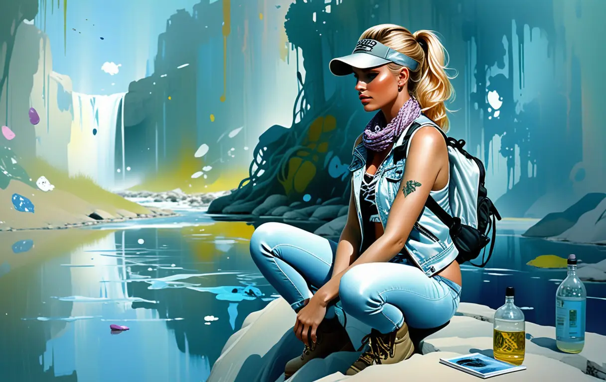 Blonde woman sketching by a quiet forest creek