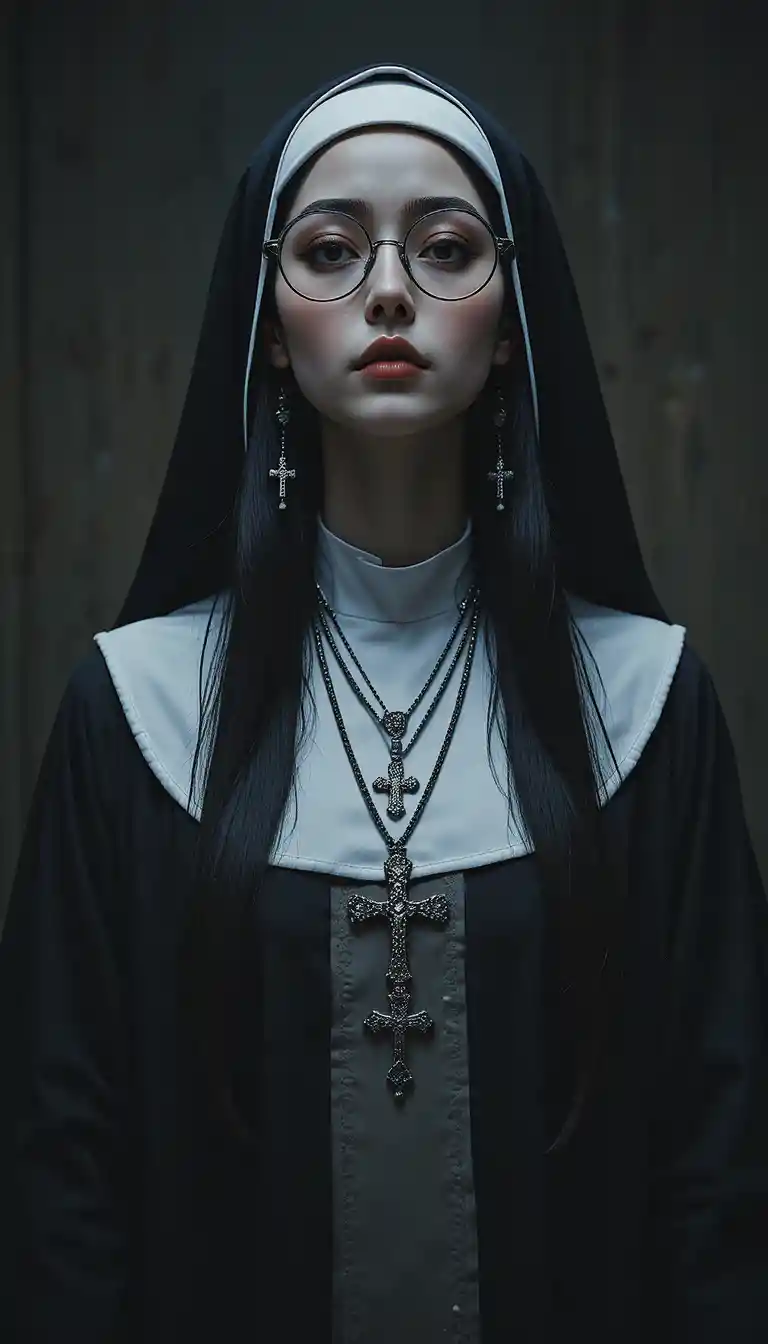Sad nun in glasses standing in dim cinematic light