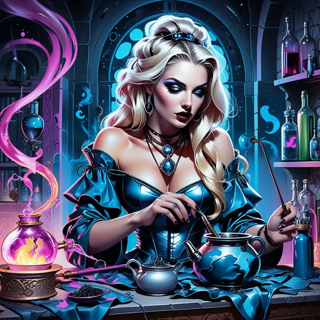 Blonde witch mixing potions in a colorful medieval magic shop